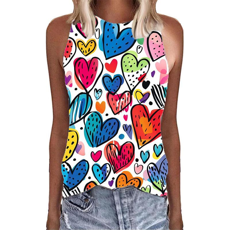 Graffiti Colorful Love Hearts 3D Print Tank Tops Summer Women O-Neck Vest Off Shoulder Y2k Sleeveless Camisole Woman Clothing