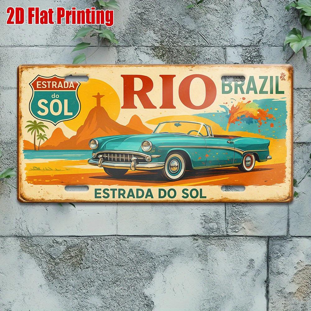 D flat piece vintage metal license plate RIO Brazil aluminum sign with Christ statue and classic car suitable for home cafe