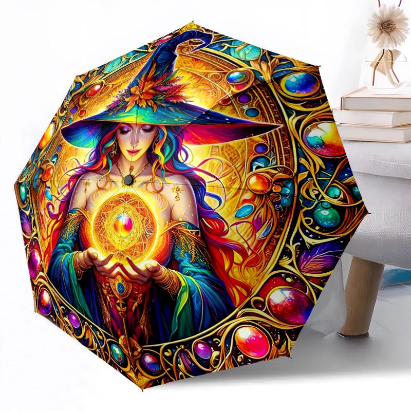 Witch On Broomstick At Night Portable Automatic Umbrella Folding Umbrella with 8 Ribs Durable Plastic & Iron for Women/Men Elegant Women's Umbrella