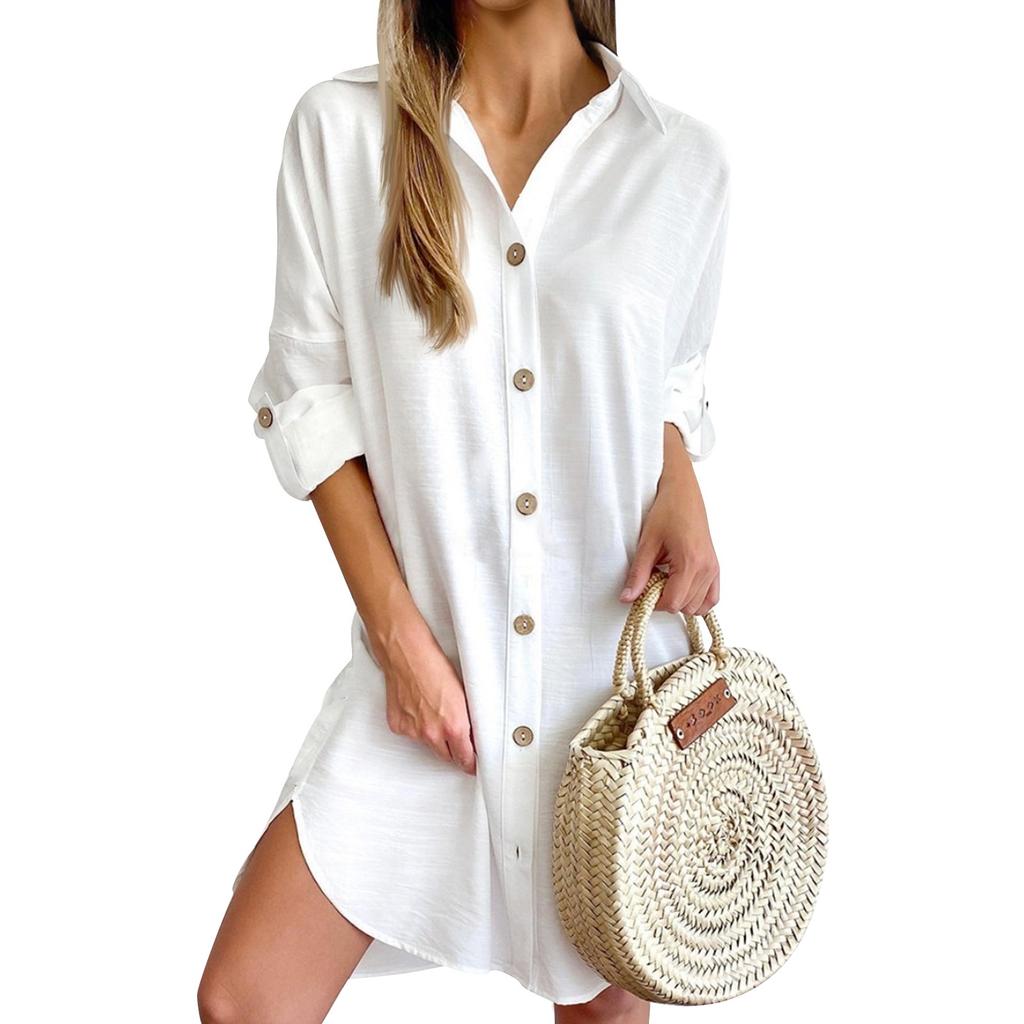 Women's Fashion Long Sleeve Lapel Button Down Shirt Dresses
