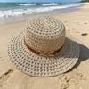 French retro batch buckle trim woven straw hat women's spring summer hollow breathable seaside vacation flat brim flat top top hat