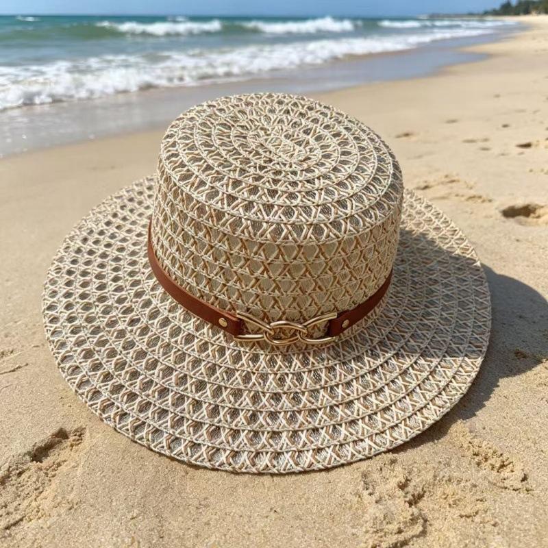 French retro batch buckle trim woven straw hat women's spring summer hollow breathable seaside vacation flat brim flat top top hat