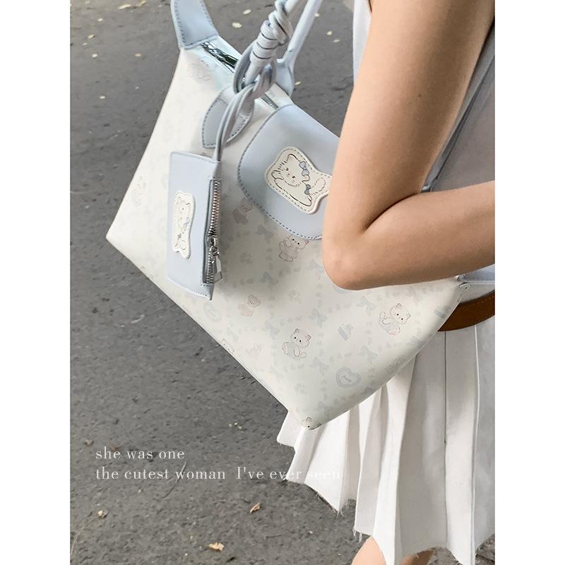 Korean Version of Summer Blue Kitten Print Handbag Bag for Women 2025 New Fashion Tote Bag Large Capacity Underarm Bag