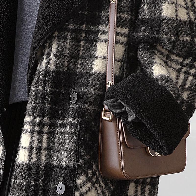 Sibaishi Women's Lazy Style Contrast Plaid Loose Wool Blend Coat