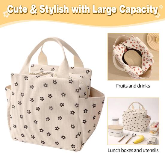 Corduroy Lunch Bag with Handle Waterproof Large Capacity Reusable Insulated Lunch Box Water Bottle Holder with Side Pockets