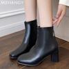 Модные женские ботильоны с квадратным носком, зимние кожаные туфли на высоком каблуке, женская обувь 2025 года, элегантные туфли-лодочки для снега, мотоциклетные ботинки Mujer Botas