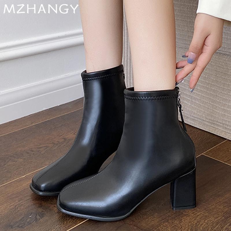 Модные женские ботильоны с квадратным носком, зимние кожаные туфли на высоком каблуке, женская обувь 2025 года, элегантные туфли-лодочки для снега, мотоциклетные ботинки Mujer Botas