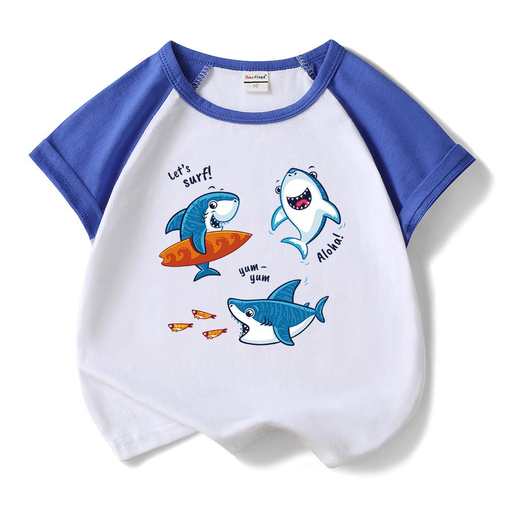Летний хлопковый комплект Baby Shark для мальчиков и девочек 2025: Мультяшный комплект из футболки с коротким рукавом и шорт