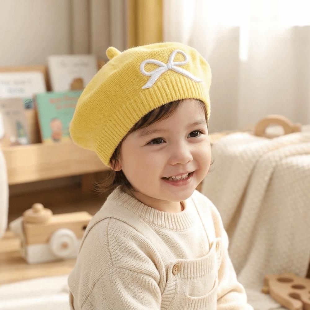 Soft Children Knitted Beret Elastic Beanie Cap Stylish Bow Embroidery Painter Hat Gift
