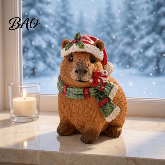 Cute Desktop Ornaments for Office Christmas Capybara Resin Figurine, Statue with Santa Hat Scarf Wreath, Miniature Figures Display Tabletop