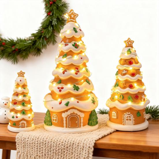 Пряничный домик, фигурка елки, светящийся, из смолы, в форме елки, пряничный домик со светодиодной подсветкой для декора дома и вечеринок в помещении