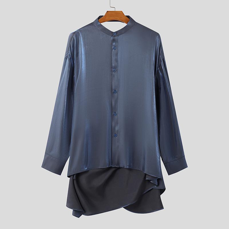 INCERUN Мужские рубашки с блестками, с длинным рукавом, на пуговицах, однотонные, с открытой спиной, бандажные топы