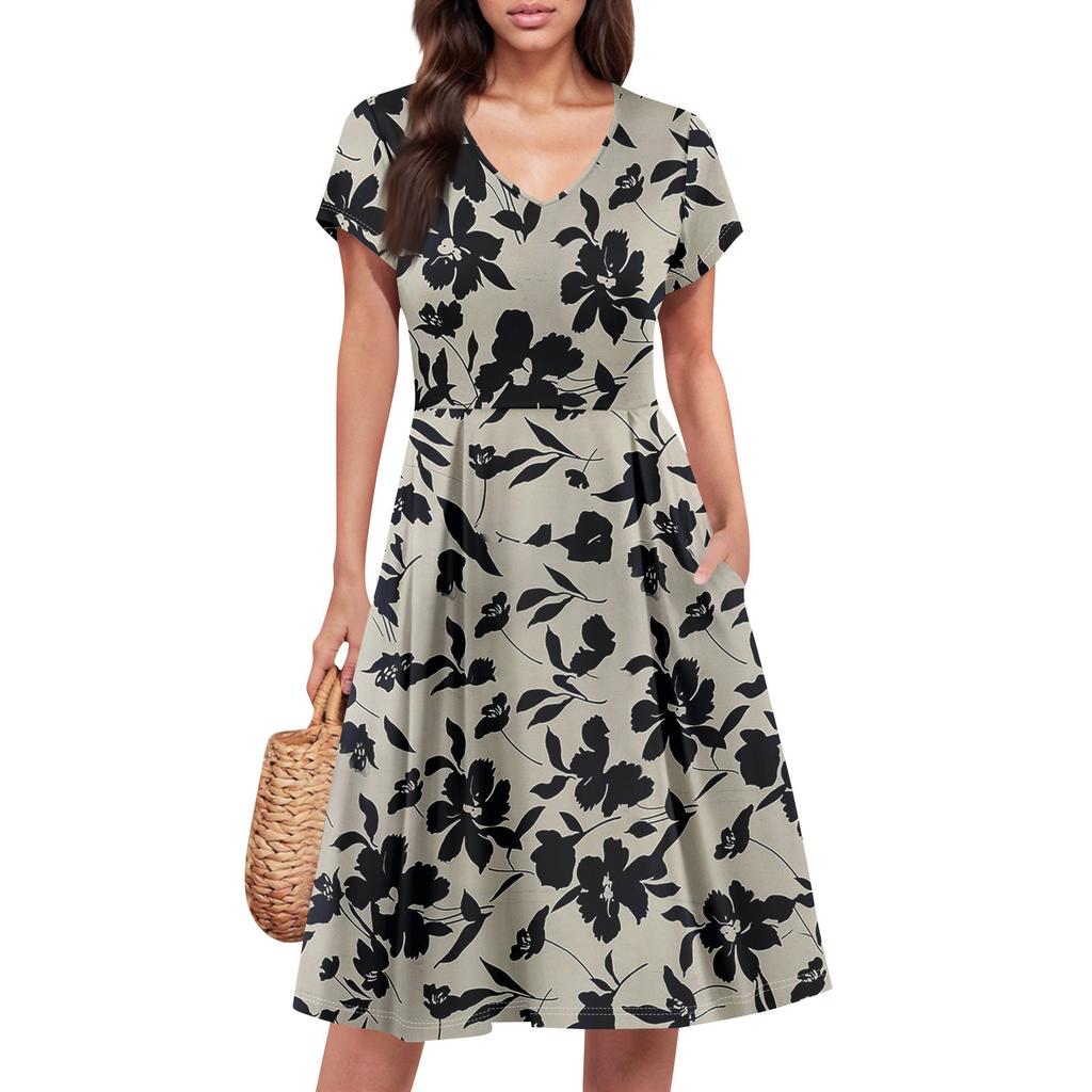 Womens Summer Dress Short Sleeve V Neck Short Dresses Fashion Casual Flowy A Line Swing Sundress With Pocket