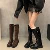 Fashion Winter Vintage Women Western Cowboy Boots Fashion Belt Buckle Slip On Female Knight Long Booties