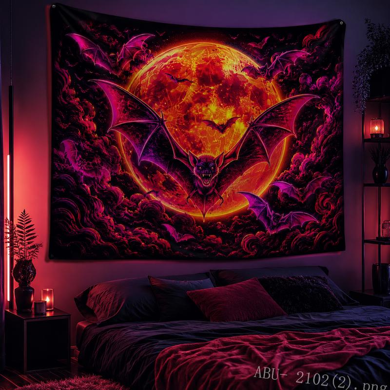 Neon Bat Halloween Tapestry Blood Full Moon Purple Cloud Spooky Night Wall Hanging Teen Bedroom Dorm Party Decor Cloth