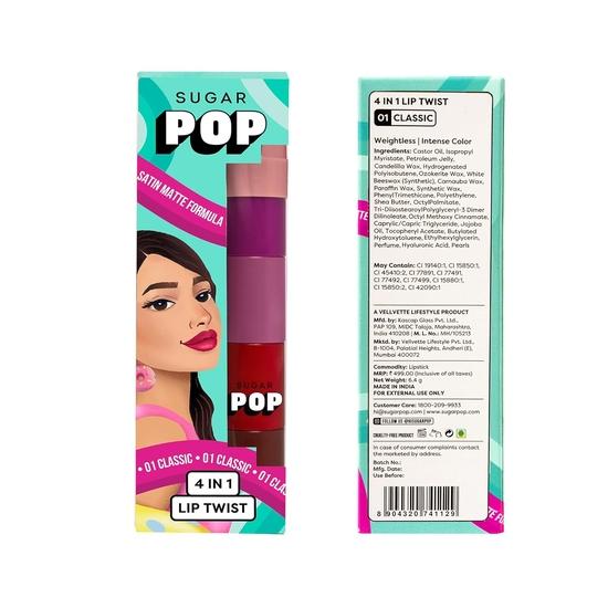 SUGAR POP 4 в 1 Lip Twist - 01 Classic | Многофункциональные помады для губ для женщин | Матовая увлажняющая формула с эффектом сатина | 6,4 г