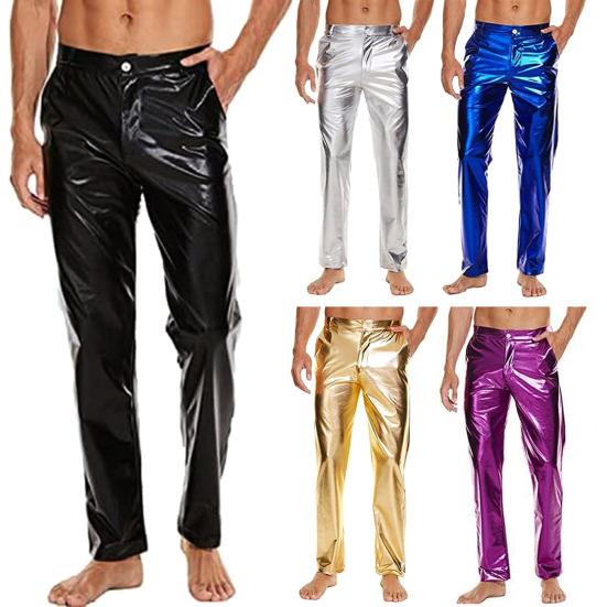 Мужские брюки средней посадки на пуговицах и молнии, блестящие повседневные брюки