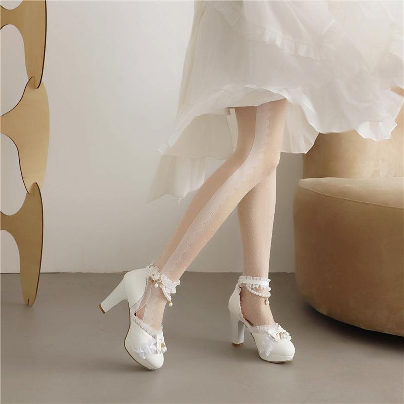 Туфли-лодочки Лолита с ремешком на щиколотке, с круглым носком на платформе, на высоком каблуке Kawaii, женская обувь с пряжкой и бантом из бисера, весна-осень