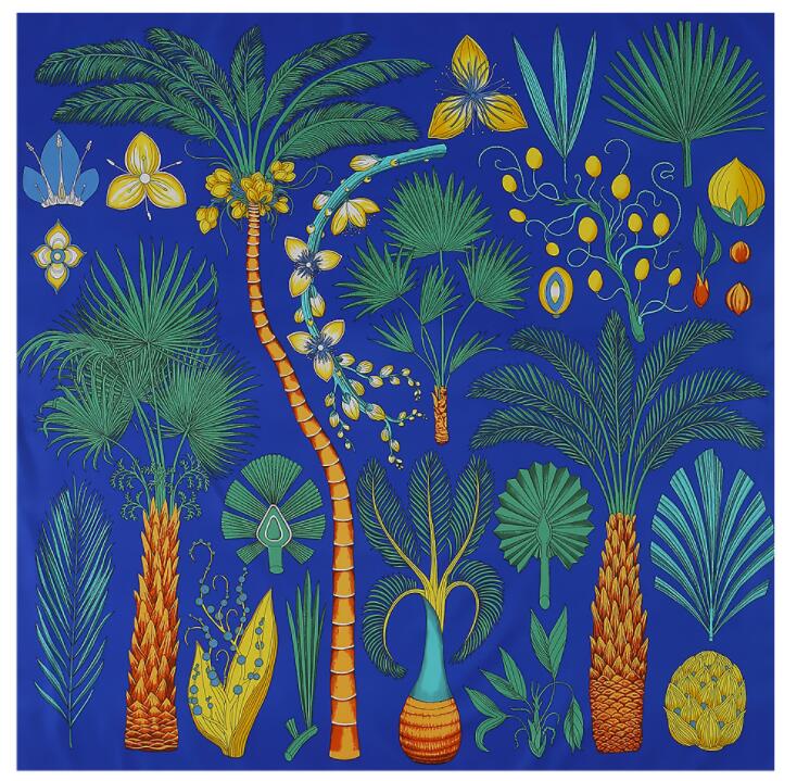 New Luxury Brand Design Sago Cycas Palm Tree Winter Square Scarf 130cm Twill Silk Scarf Women Kerchief Scarves For Ladies