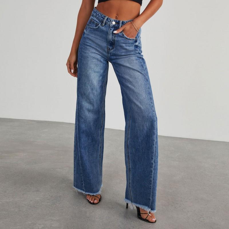 Womens High-Waisted Wide-Leg Denim Pants Water-Washed Cotton Blend Casual Trousers