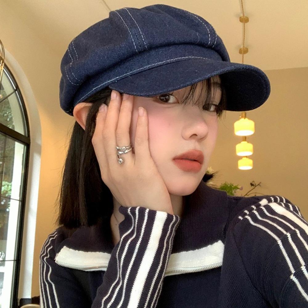 Versatile Women Denim Beret Back Closed Painter Cap Fashion Octagonal Caps Unisex