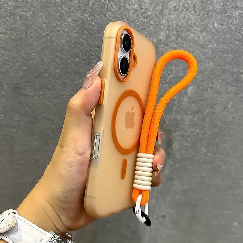 for Magsafe Candy Contrast Lanyard Case for iPhone 16 15 14 11 12 13 Pro Max Plus 16e Hand Wrist Strap Matte Soft Cover