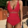 Women Bikini Set Solid Color Pleated Deep V Neck See-through Mesh Patchwork Elastic High Waist Soft