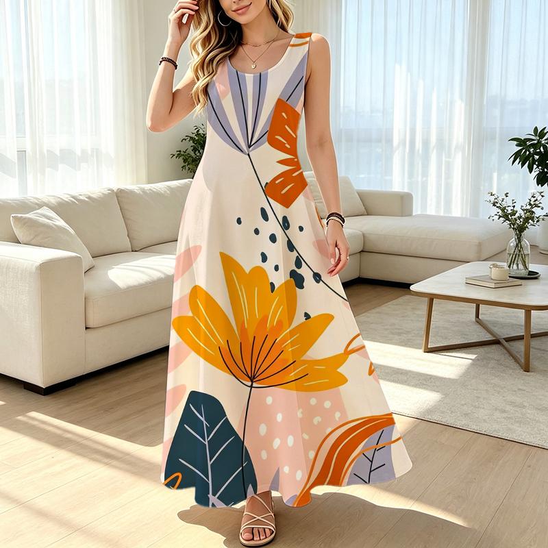 Floor Length Sleeveless Loose Fit Maxi Dress Lightweight Flowy,Perfect for Beach Vacation,Daily Casual Outings,Fashion Versatile