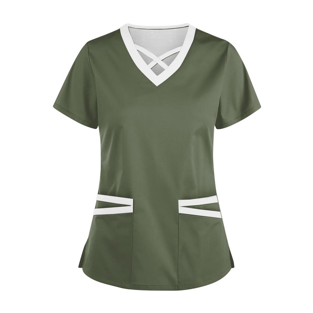 Women's Fashionable V-Neck Short-Sleeved Work Clothes With Drawstrings And Pockets Color Matching Tops And Protective Clothing