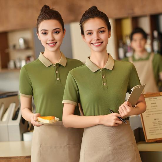 Unisex Waiter Waiteress Uniform Button Lapel Solid Color Short Sleeves Breathable Soft Coffee House Hotel Dinner Food Serving Top
