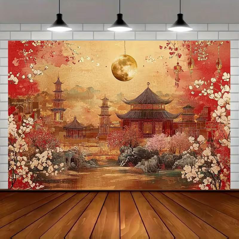 Traditional Chinese Garden Background Cloth for Mid-Autumn Festival