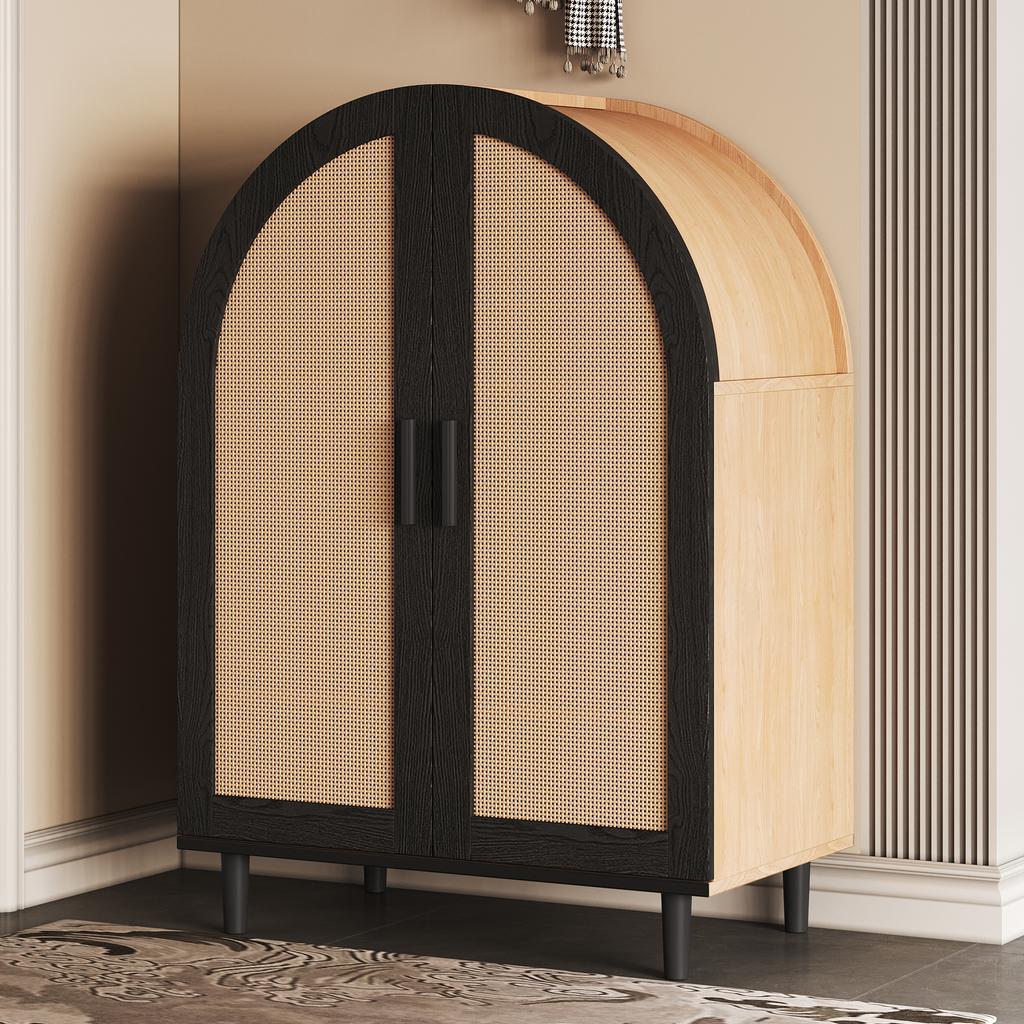Elegant sideboard/shoe cabinet with rounded exterior, openwork rattan doors and three shelves.