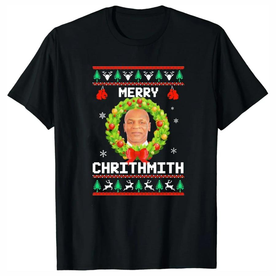 Merry Chritmith Mike Tyson Christmas Wreath Boxing Xmas TShirt 100 Cotton ONeck Short Sleeve Casual Unisexs Tshirt Size S3XL