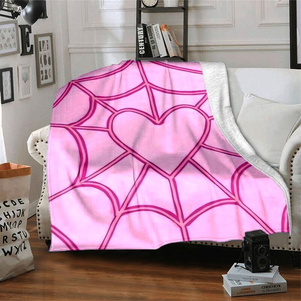 1Pc Pink Heart Web Flannel Blanket, Soft And Comfortable, Casual Warm, Camping Travel, Christmas, Halloween Xmas Gift. G1126