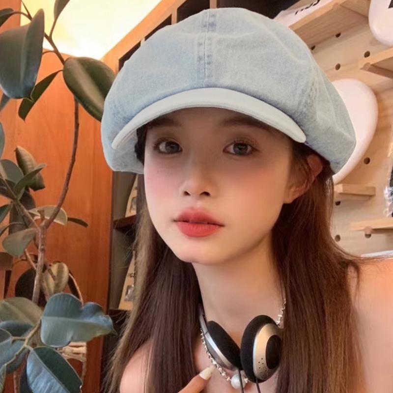 Женская шляпа художника в стиле ретро, ​​синяя шляпа, ковбойский берет, восьмиугольная шляпа, тонкая летняя выставка, маленькое лицо