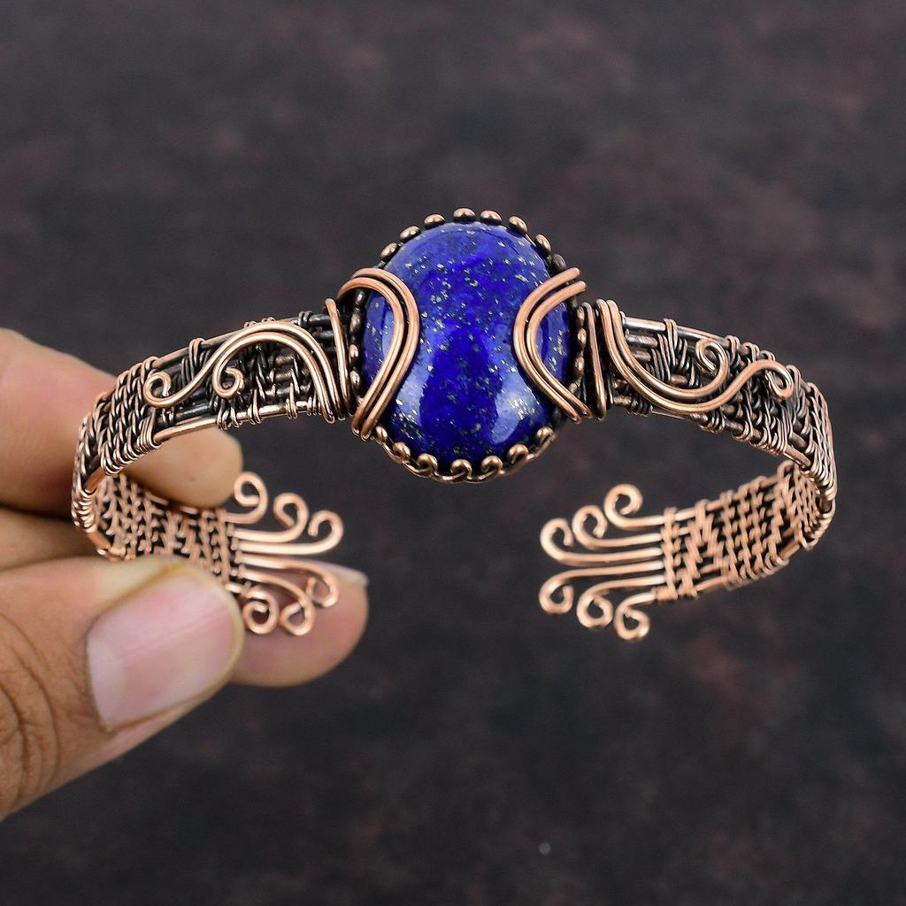 Браслет-манжета из лазурита, медная проволока, браслет с драгоценным камнем, регулируемый браслет ручной работы, медная проволока, ювелирные изделия, подарок на помолвку для нее