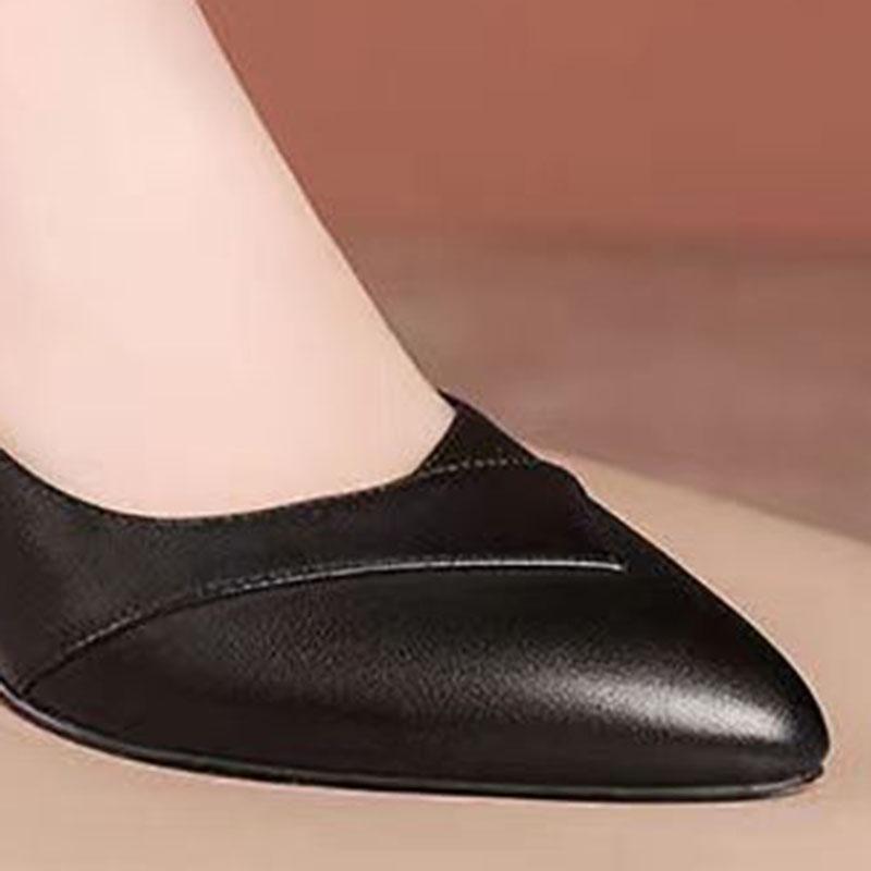 WTEMPO Women's Spring and Autumn Single Shoes Solid Color Pointed Toe Middle Thick Heel Rubber Anti-slip Sole Soft Leather Shoes Comfortable Versatile