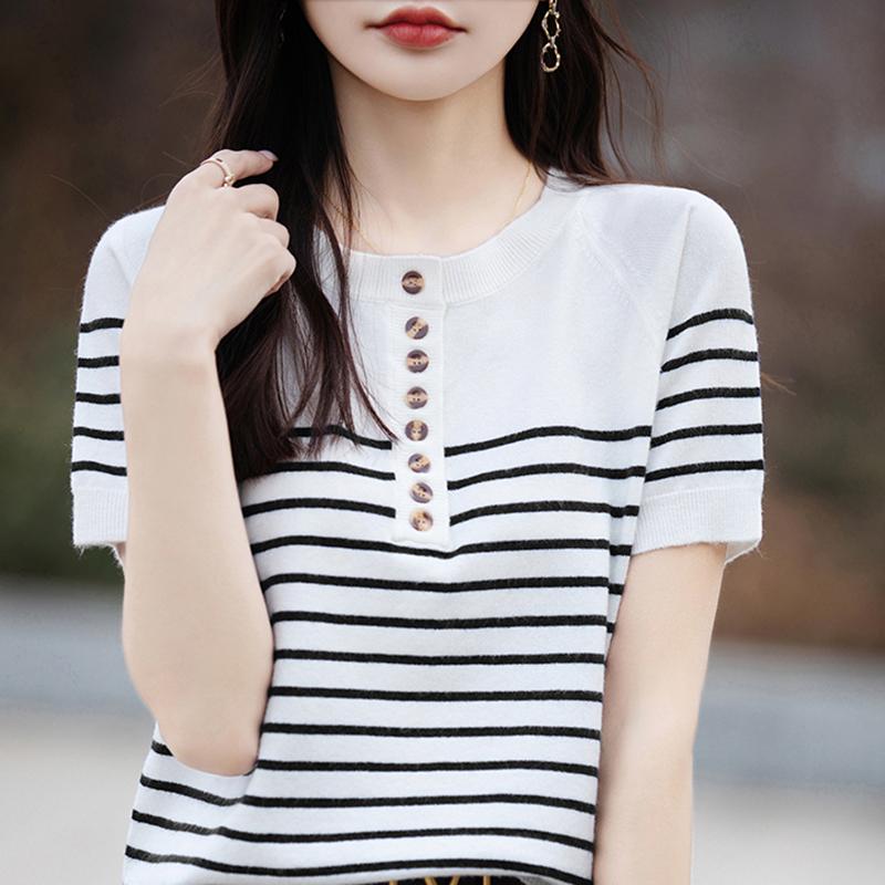 Женская вязаная футболка MODERN NEW SAGA, летняя вязаная рубашка, полосатые футболки с короткими рукавами, пуловер с круглым вырезом, вязаные топы