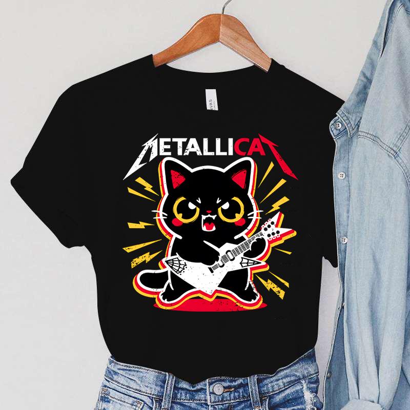 Футболки METALLICAT, женские футболки с круглым вырезом, женская одежда с рисунком гитары, топы в стиле Харадзюку с животными и кошкой, женские винтажные футболки