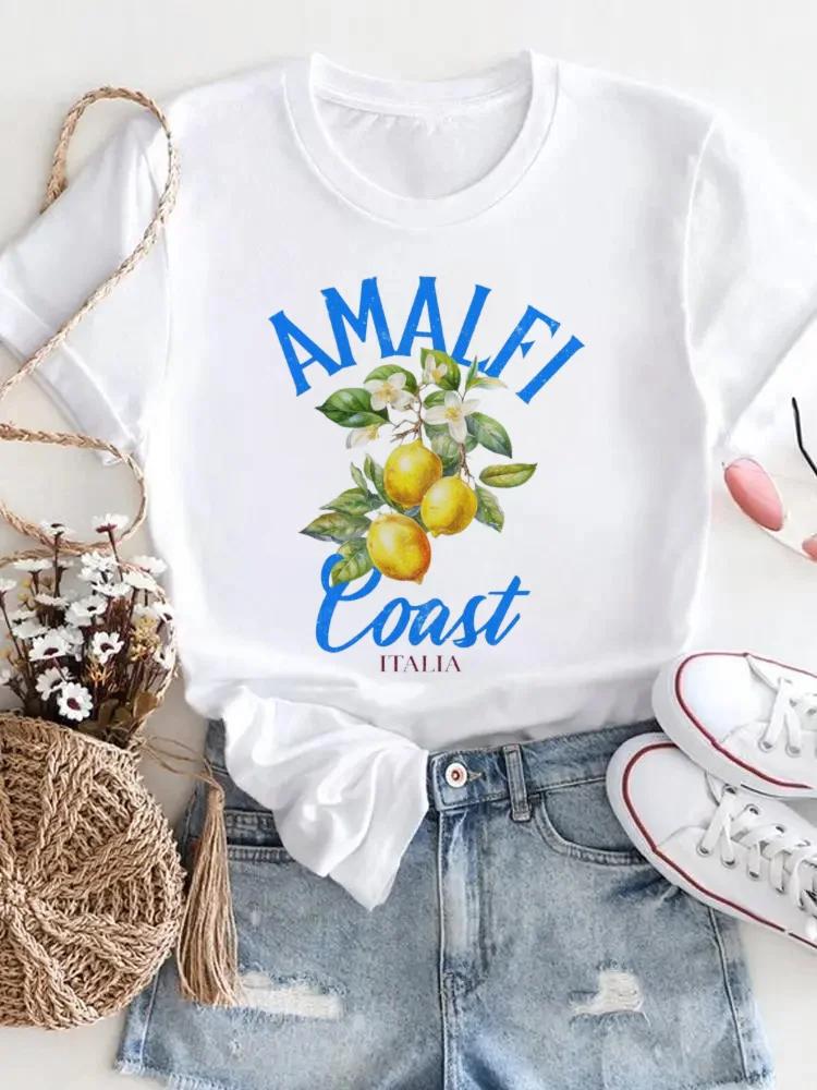 Женская модная повседневная футболка с принтом, женская летняя футболка с коротким рукавом с лимонным принтом, модная одежда из полиэстеровой ткани с круглым вырезом