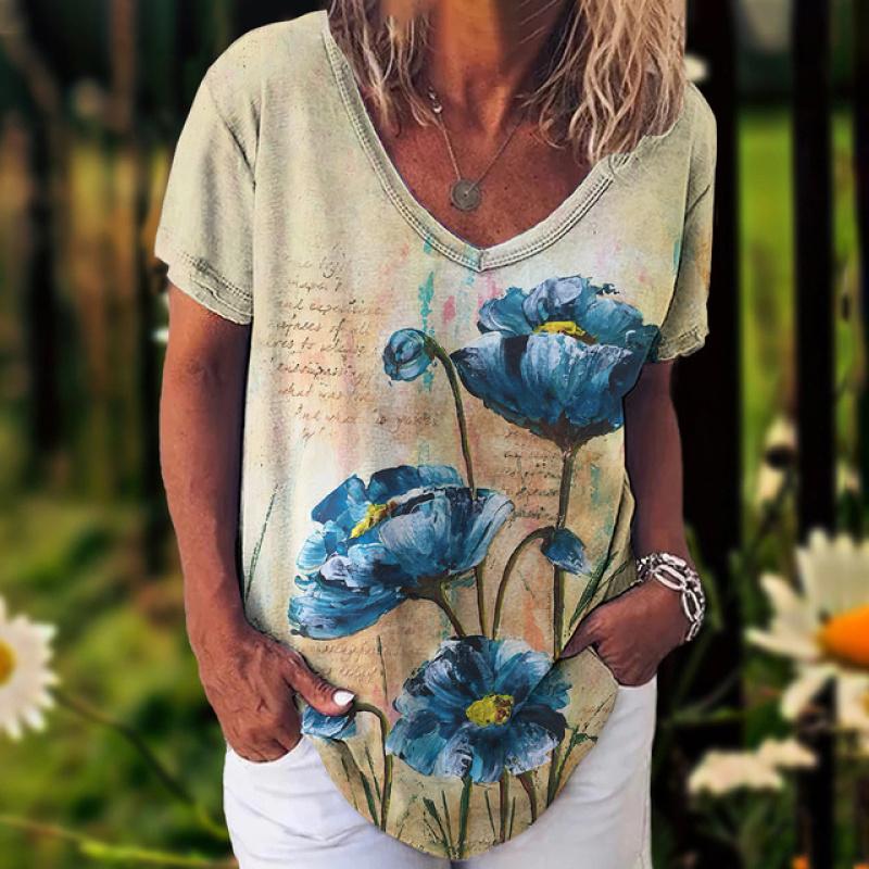 Fashion Women'S T-Shirt 3d Flowers Print Clothing V-Neck Short Sleeve Tops Summer Harajuku Ladies Pullover Oversized Female Tees