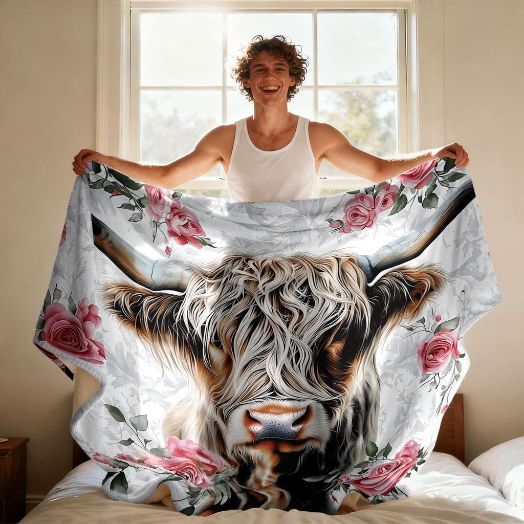 1pc Flower Highland Cow Printed Flannel Blanket Multi Size Casual Napping Soft Cover Carpet Machine Washable