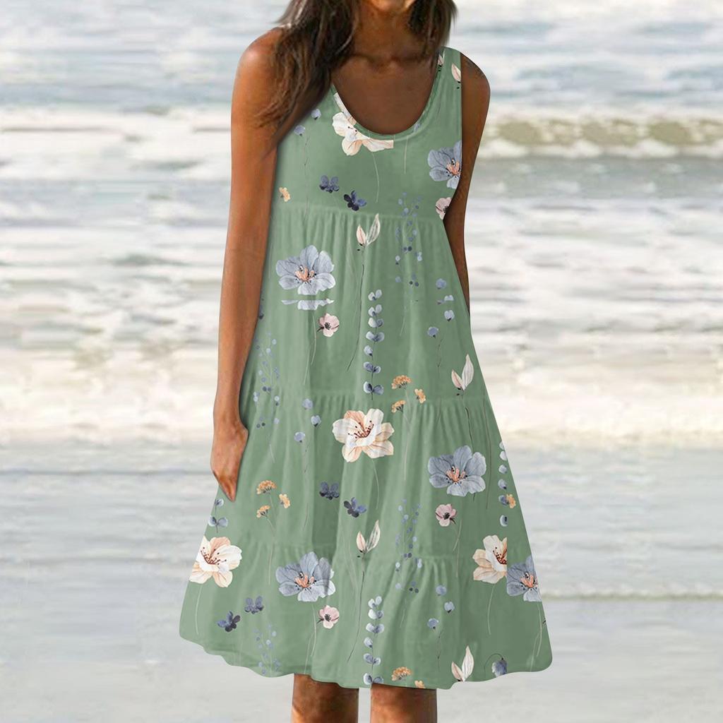 Женские платья-жилеты Лето-весна Плиссированные богемные платья Симпатичные струящиеся пляжные платья без рукавов Прямая футболка Платья-майки Платья с круглым вырезом