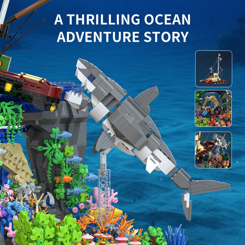 2932 шт. Конструктор «Рыболовное судно Большая белая акула», модель океанской сцены, кирпичики, настольные украшения, детская развивающая игрушка «Сделай сам», подарки