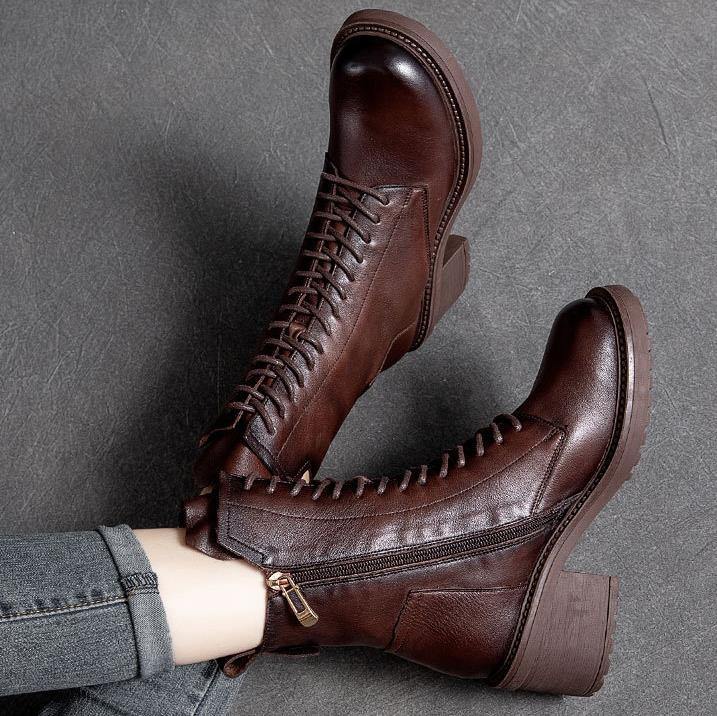 Мода 2025 Ручная работа Ретро Сапоги на высоком каблуке Женские Осень Зима Натуральная коровья кожа Круглый носок Молния Тренд Теплые Сапоги до середины икры Женские