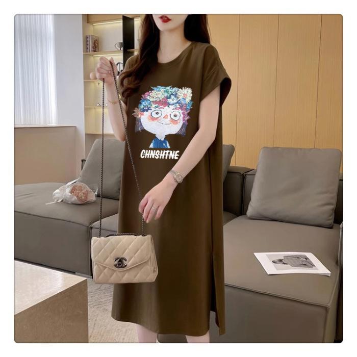 Женское модное свободное корейское платье-футболка, летнее платье Fat Mm с коротким рукавом выше колена, длинное платье с разрезом в виде мультфильма