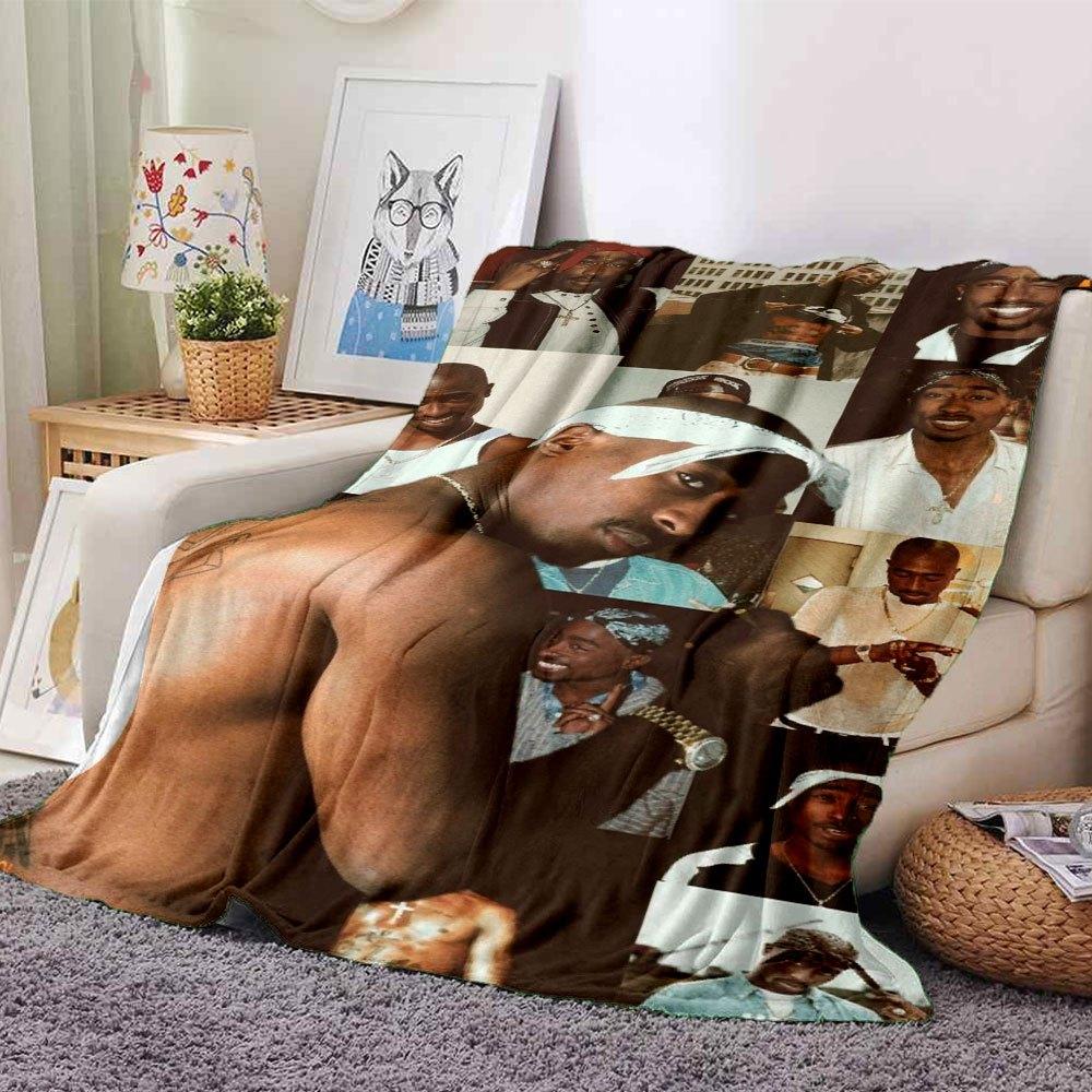 1pc 2PacHip Hop Blanket Soft Lightweight All Season Multi Purpose Throw for Sofa, Bed, Office & Picnics, French Style with Iconic Album Art & Quotes
