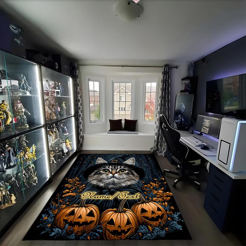 1PC Custom Name Halloween Cat Pumpkins Theme Floor Mat Ideal for Living Room, Game Rooms, Office, Bedroom,Floor Mat Playful Design