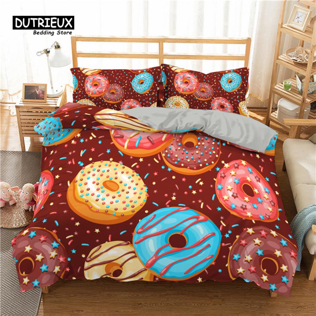 Мягкий милый комплект пододеяльников с пончиками, комплект постельного белья с десертной тематикой для девочек и мальчиков, подарки из микрофибры, забавный мультяшный комплект со вкусной едой, пододеяльник