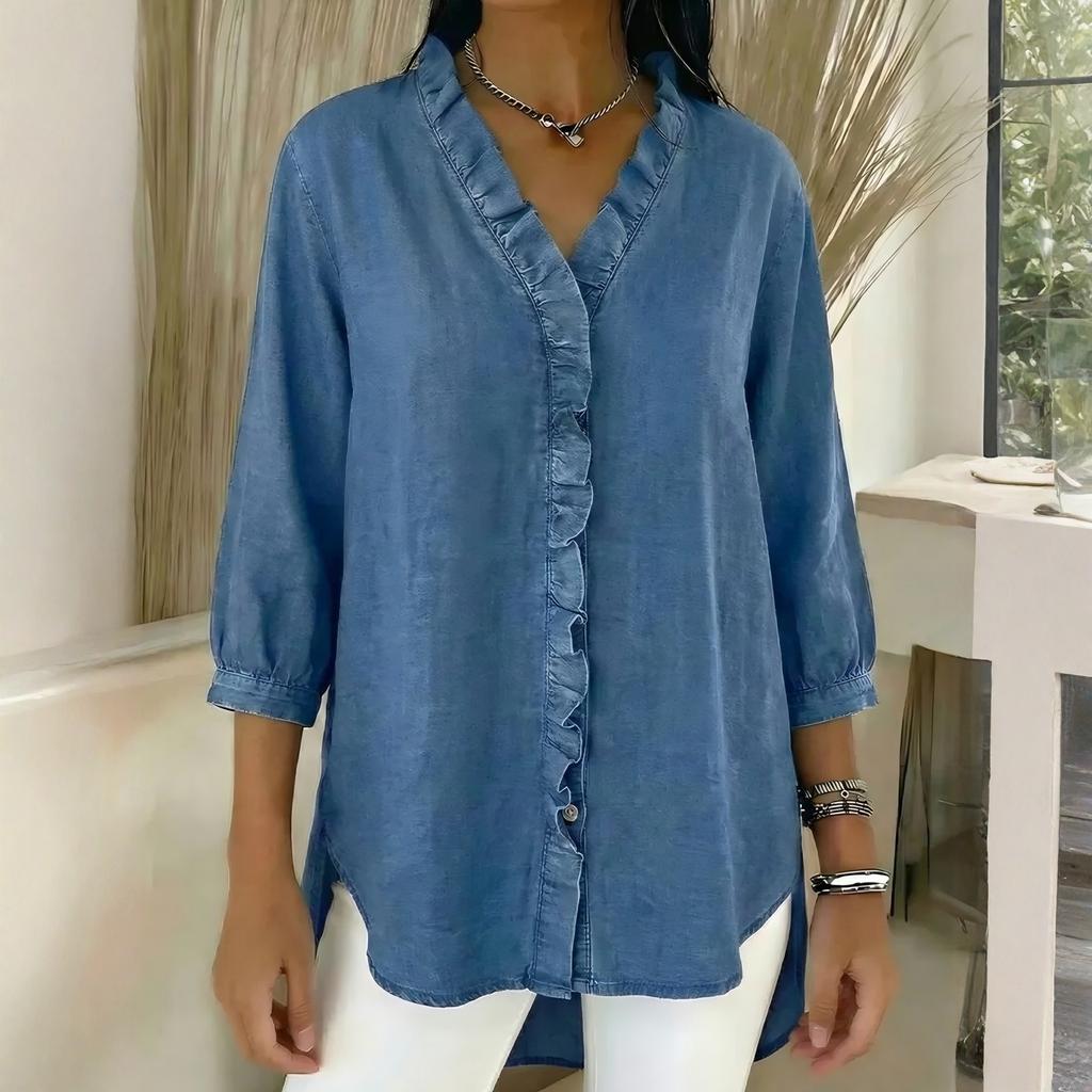 Женская модная повседневная джинсовая блузка с V-образным вырезом и оборками